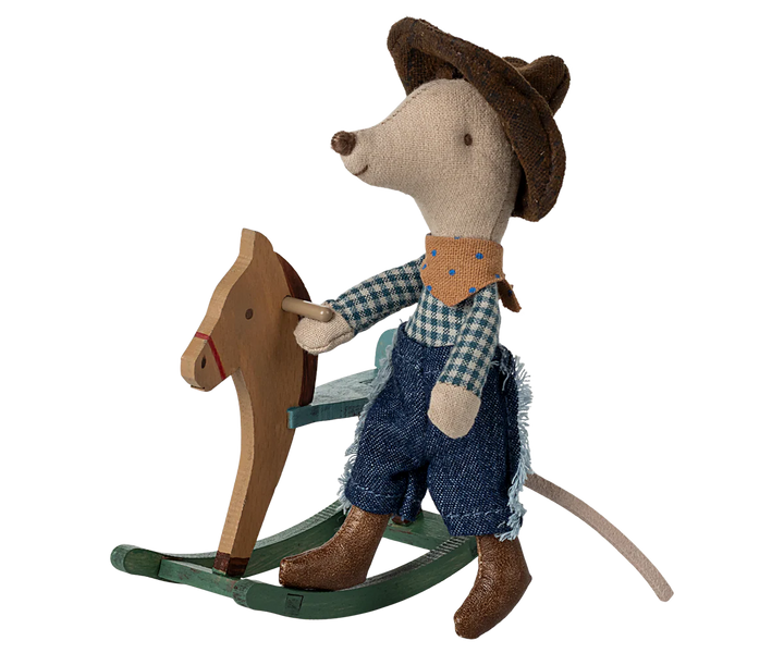 Cowboy mouse on rocking horse, Little Brother