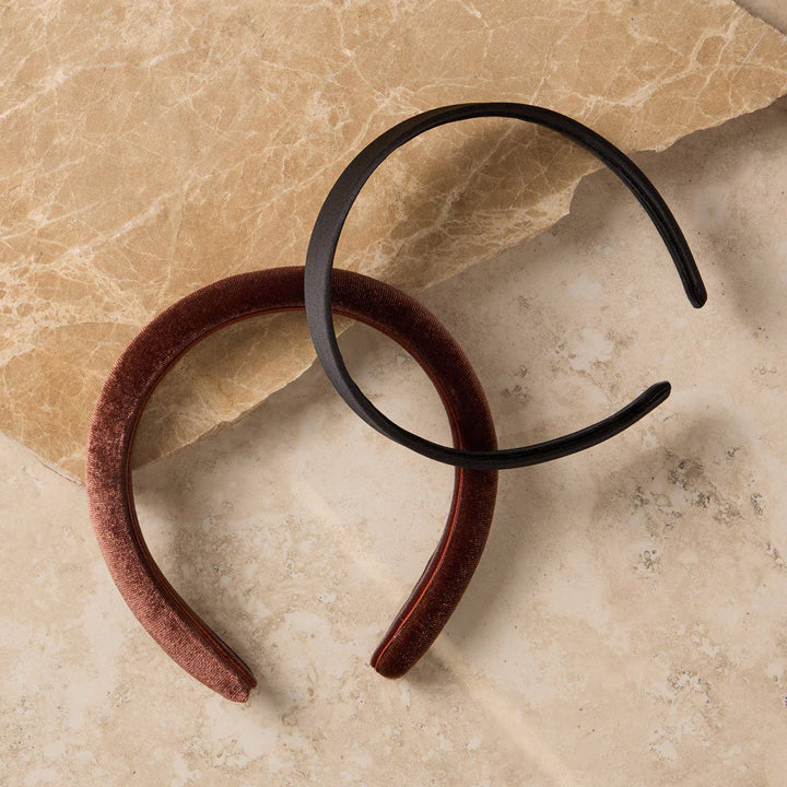 Recycled Fabric Satin & Velvet Headbands 2pc Set-Black/Choco