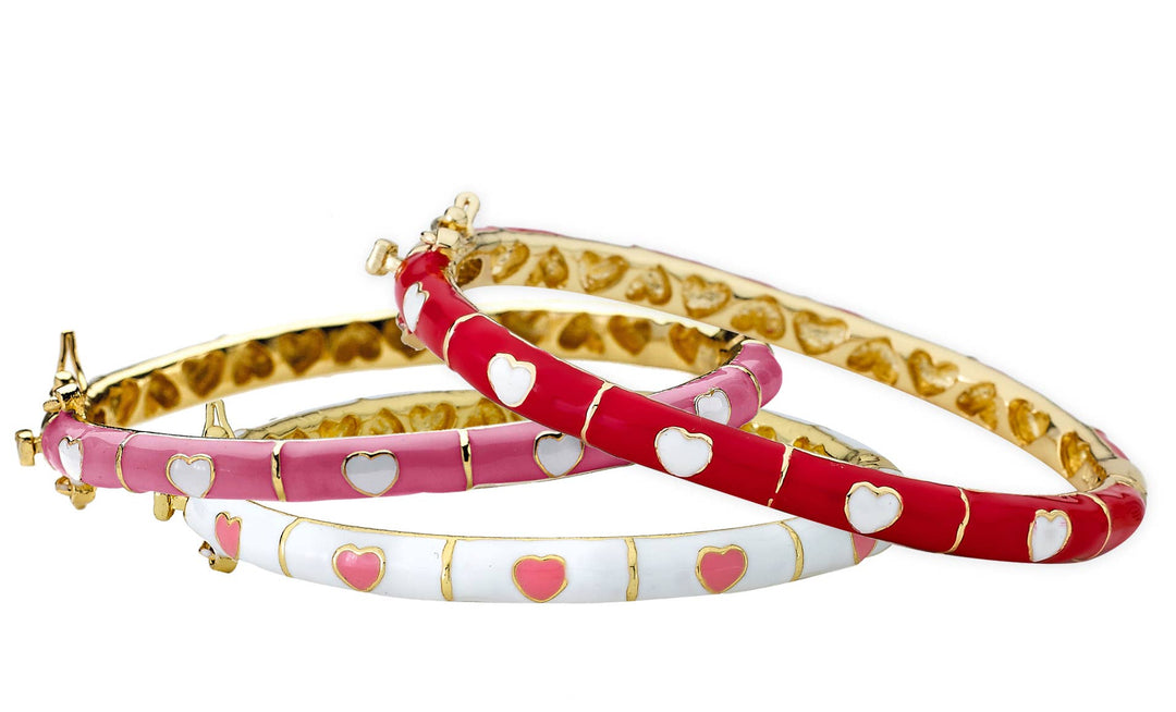 Enamel Heart Bangle: Pink With White Hearts / 3-6 Yr