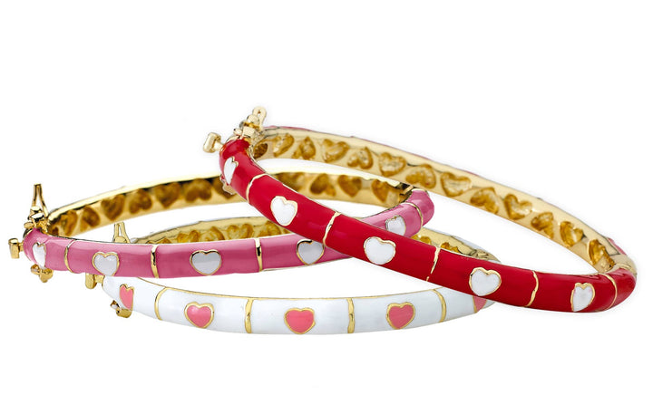 Enamel Heart Bangle: Pink With White Hearts / 3-6 Yr