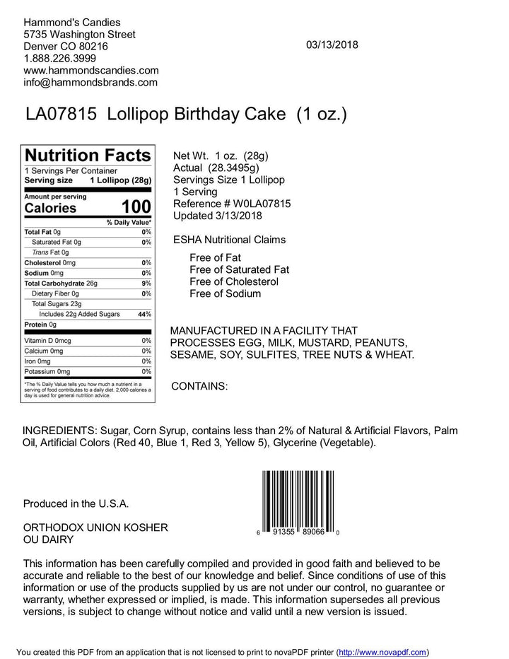 Birthday Cake Handmade Lollipop -  1 oz