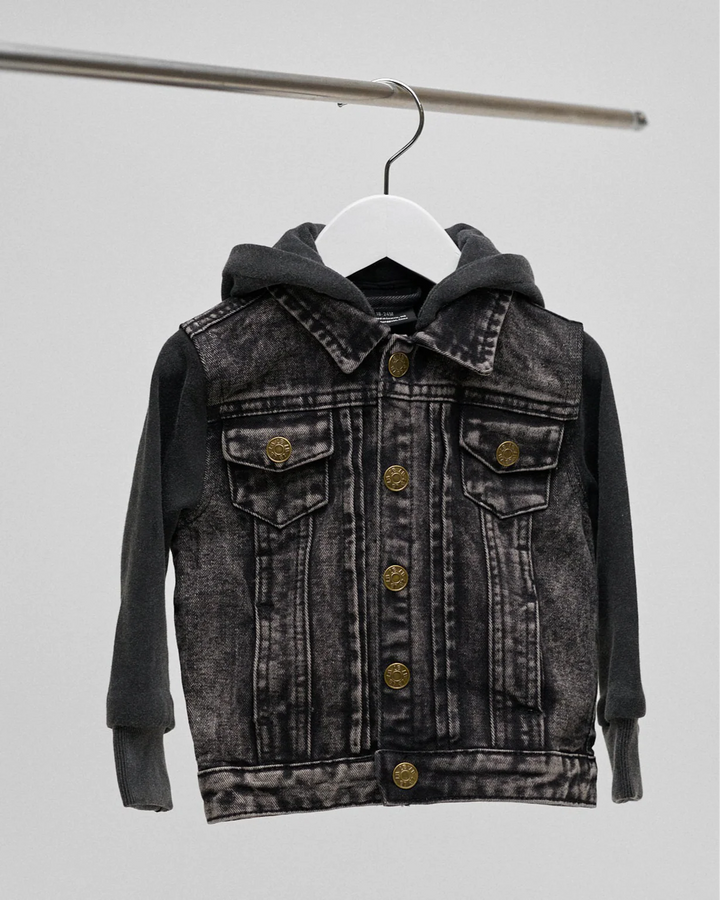 Hooded Denim Jacket - Washed Black