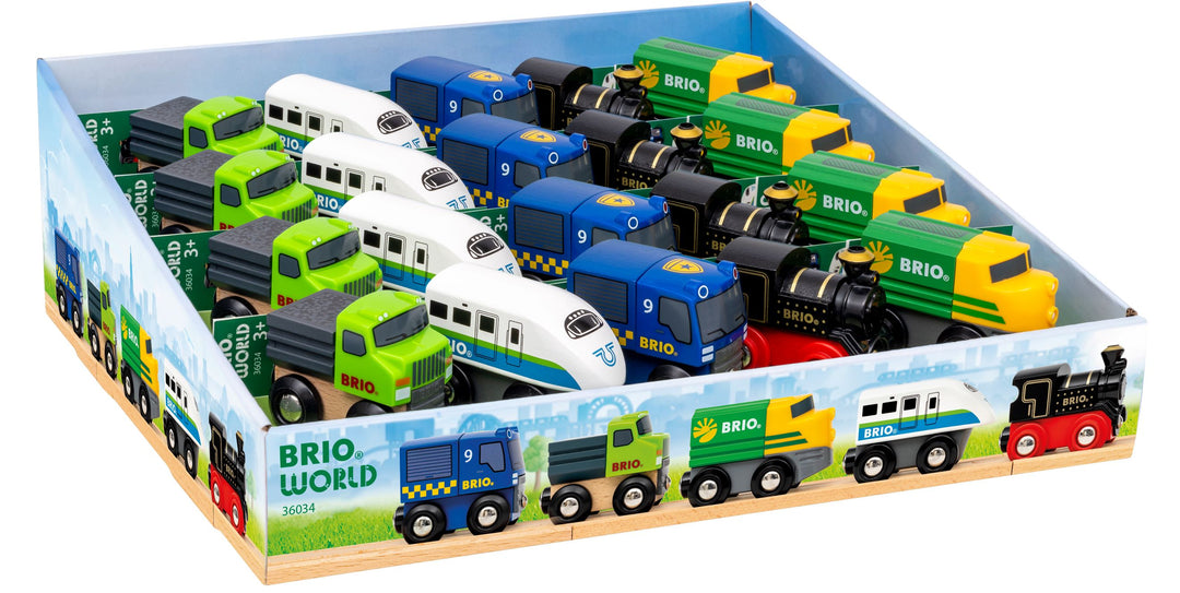 Display of Brio World toy trains in a box on a white background