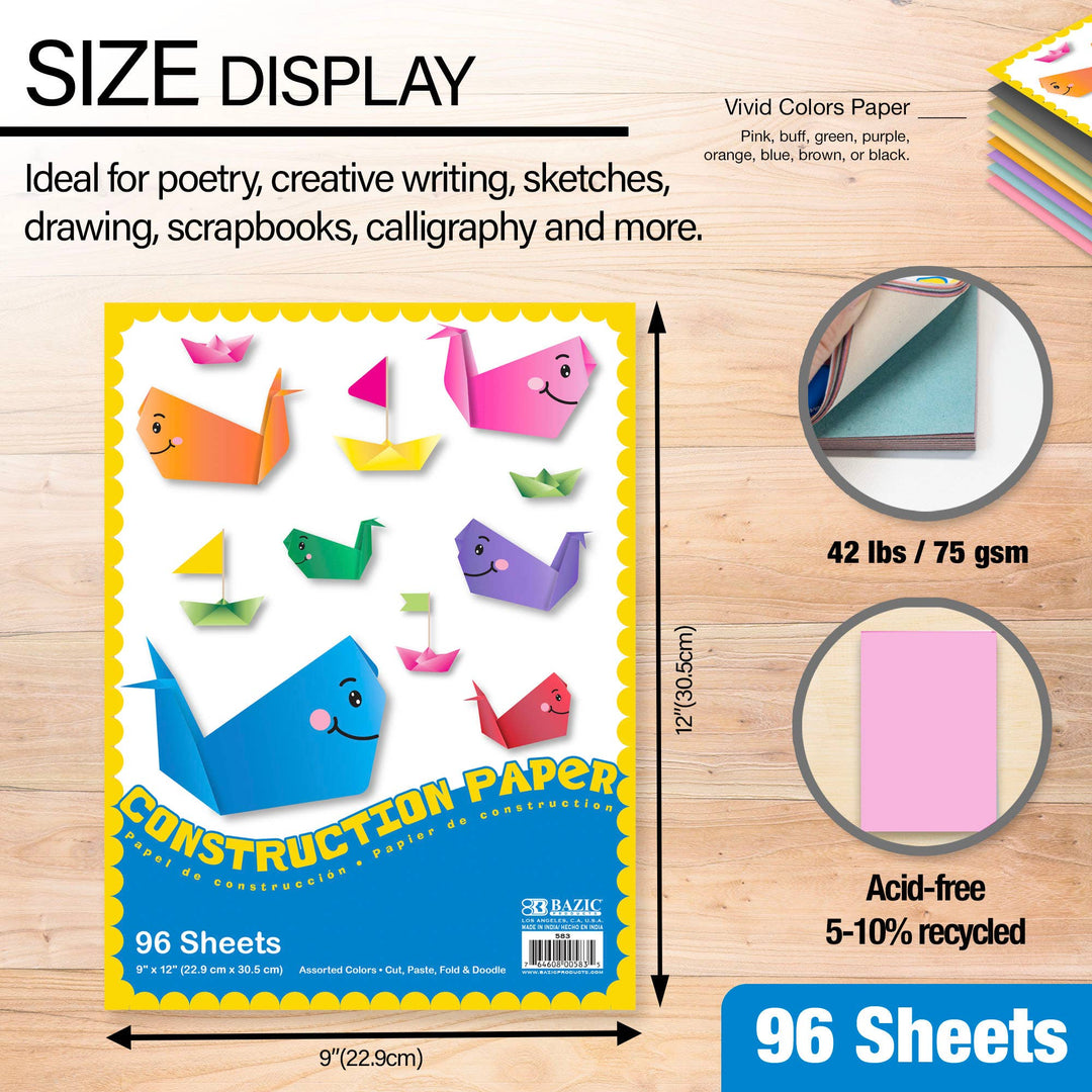 Color Construction Paper, 9 x 12 In, 96 Sheets