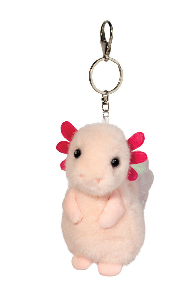 Plush keychain shaped like a hamster with pink ears on a white background
