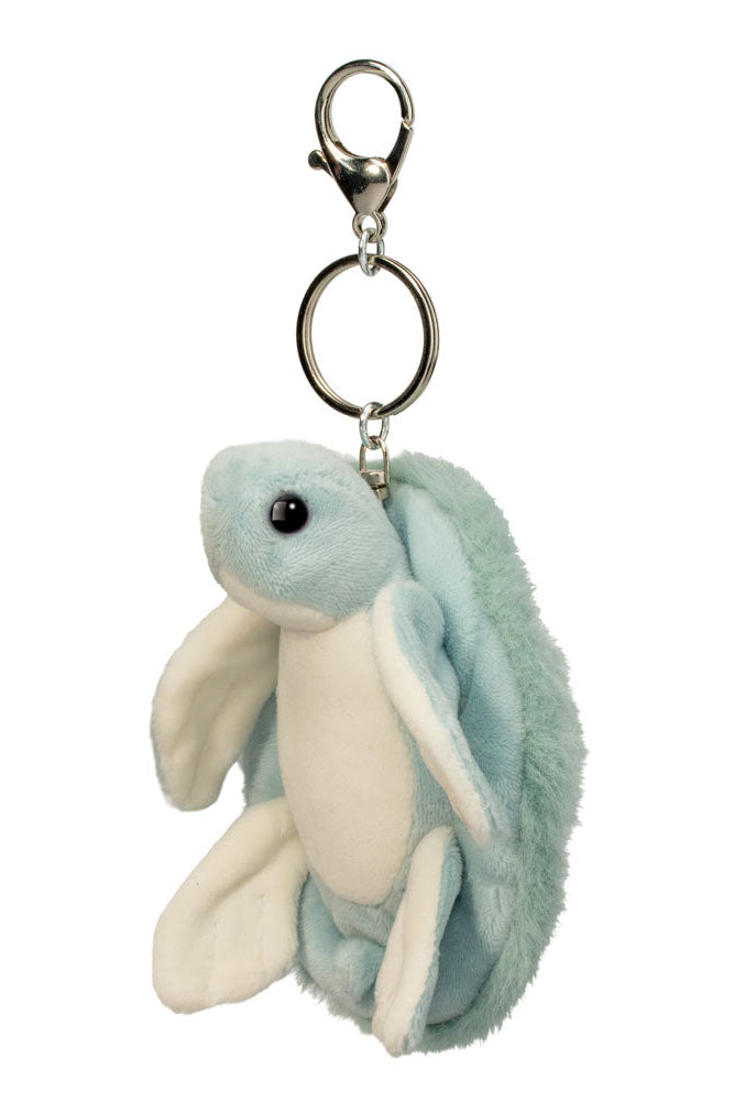 Plush turtle keychain with a clip on a white background