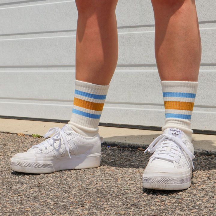 Adult L/XL Blue & Brass Striped Socks