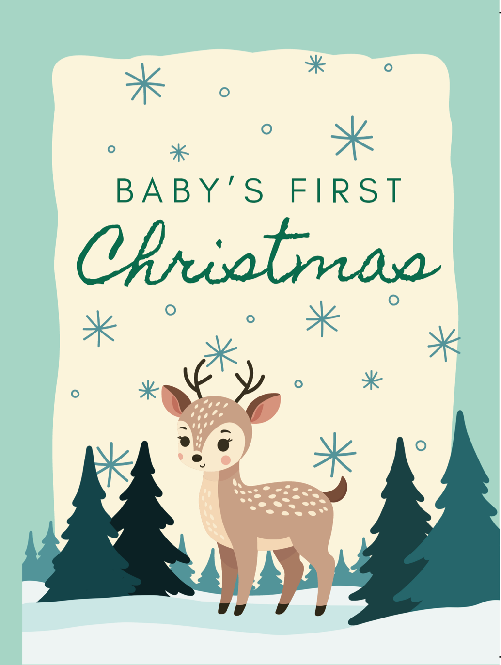 Baby's First Christmas Card with Deer and Snow and Trees in a green and blue palette