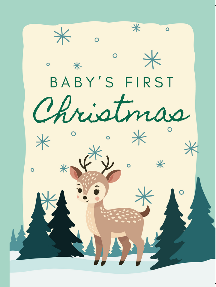 Baby's First Christmas Card with Deer and Snow and Trees in a green and blue palette