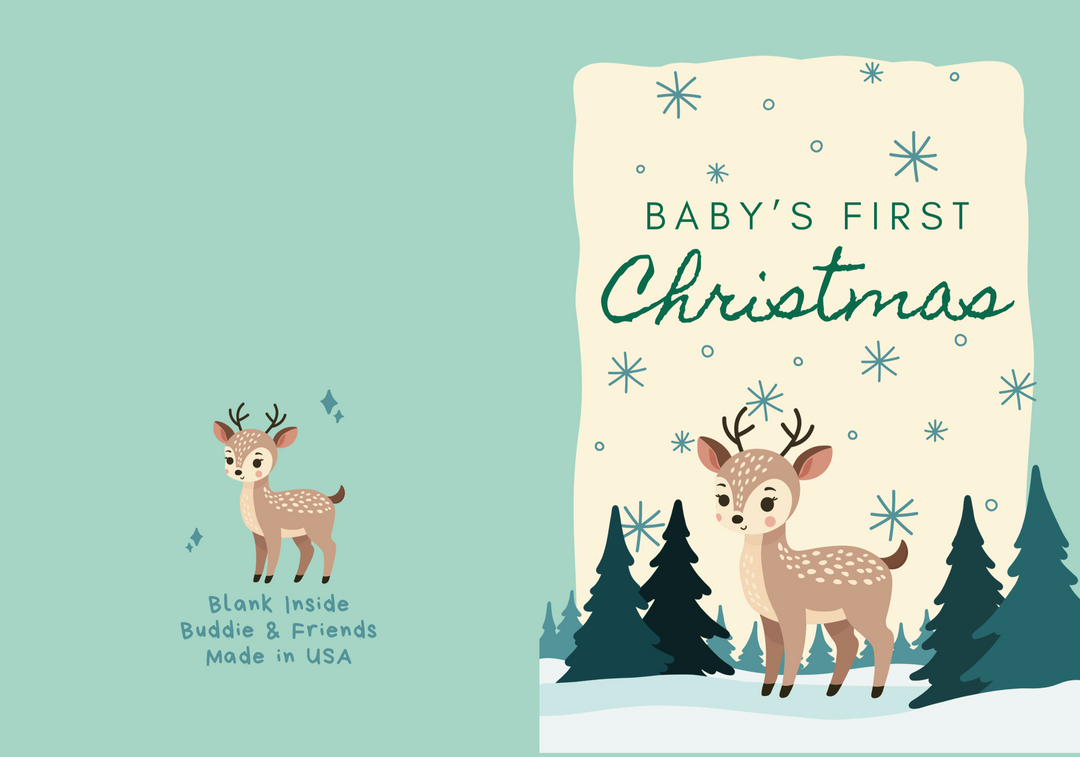 Baby's First Christmas Card with Deer and Snow and Trees in a green and blue palette