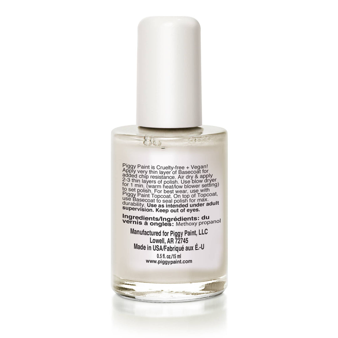 Clear nail polish bottle with white cap on a white background
