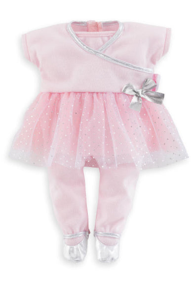 Pink baby dress with tulle and a bow on a white background