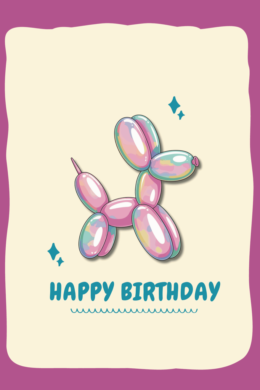 Happy Birthday card with a colorful balloon dog design on a purple background