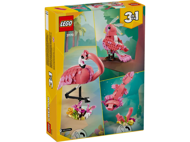 LEGO set packaging with pink flamingo, parrot, and seahorse figures on a white background
