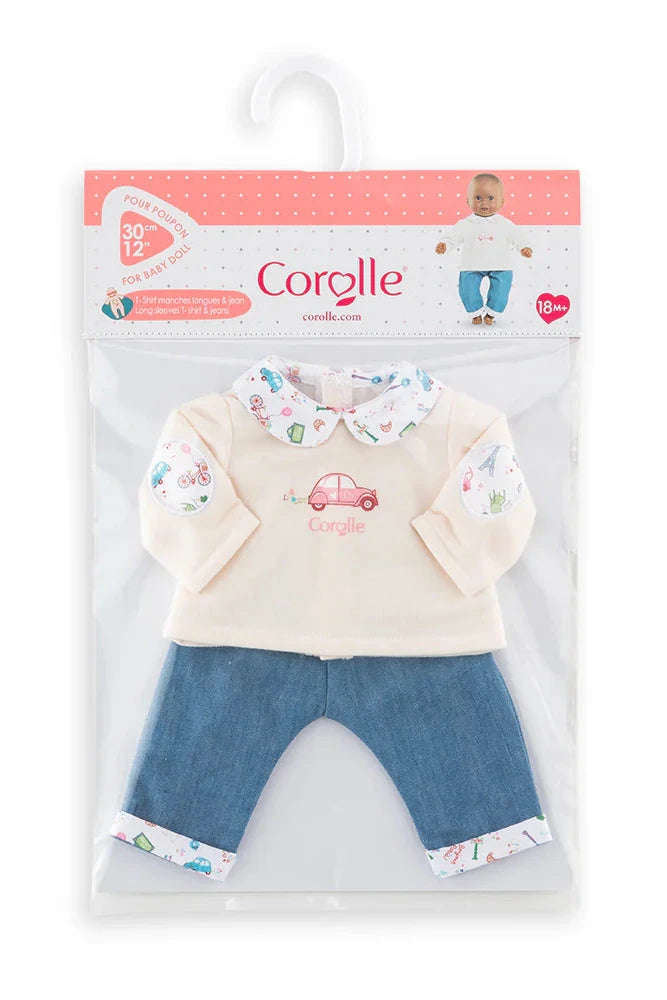 Photo of doll outfit in a bag with a hanger ready for display. Shirt with collar and car on the front. Pair of blue jeans with a printed rolled up cuff. 