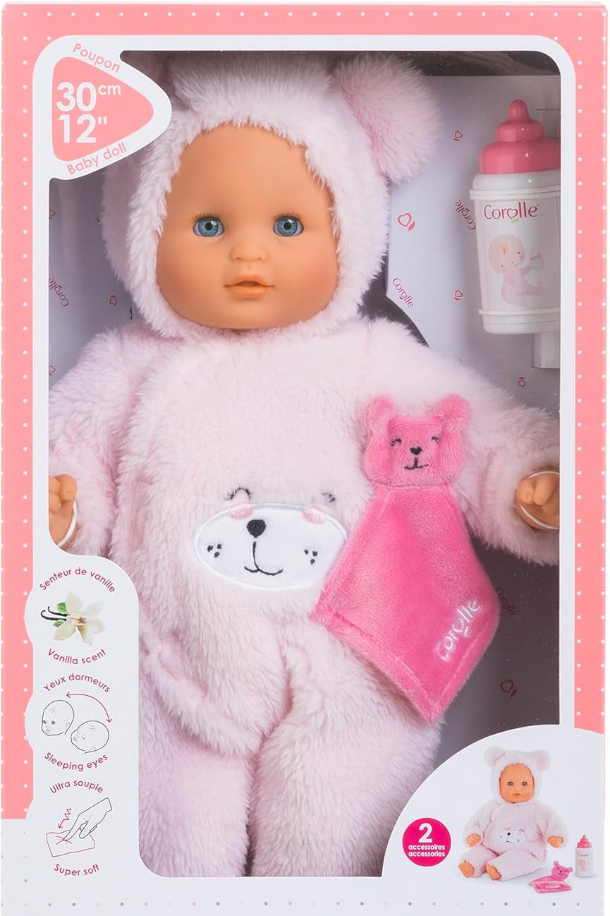 Corolle doll in pink outfit with bear hat and towel in packaging