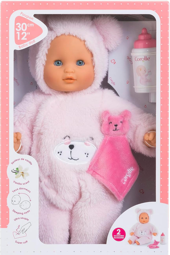 Corolle doll in pink outfit with bear hat and towel in packaging