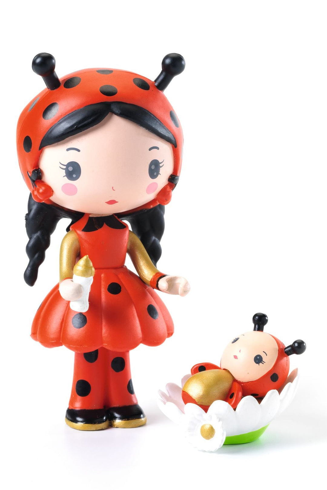 Toy figure of a ladybug girl with a smaller figure on a white background