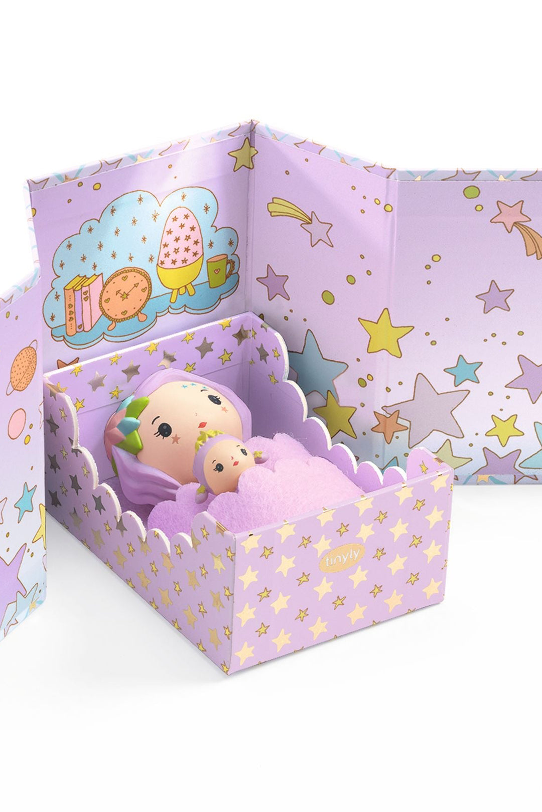 Toy figure in a purple box with star patterns on a white background