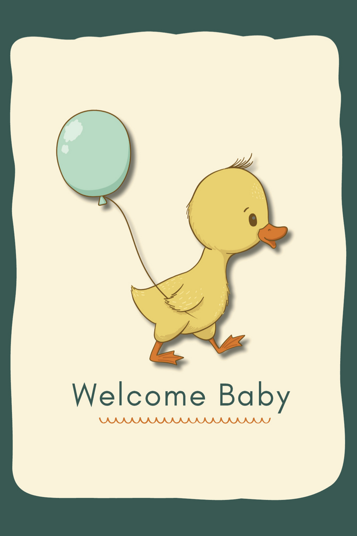 Illustration of a baby duck holding a balloon with 'Welcome Baby' text on a beige background.
