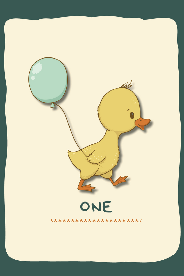 Illustration of a duckling with a balloon and the word 'ONE' on a beige background