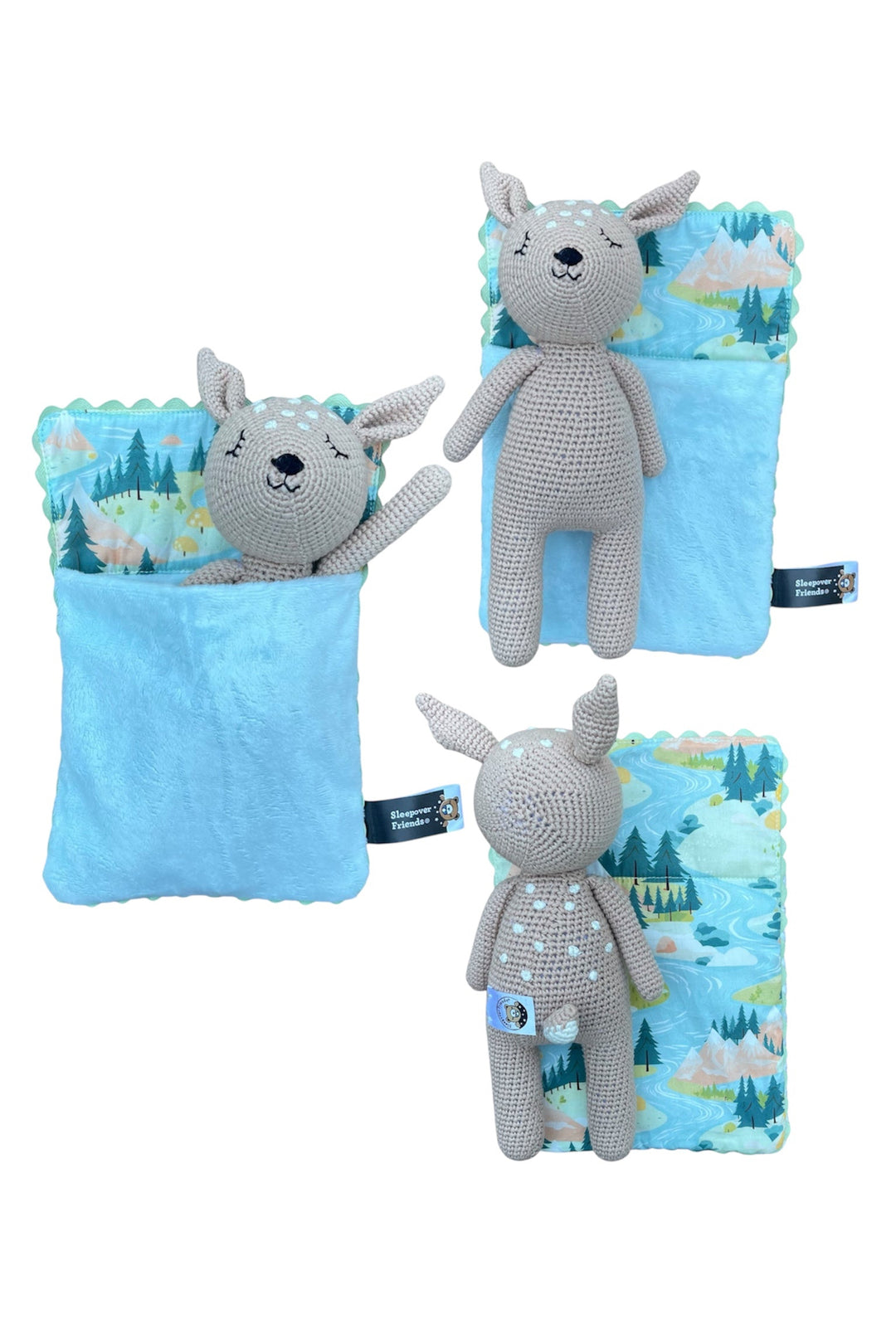 Set of three gray stuffed animals with blue backgrounds featuring nature scenes on a white background.