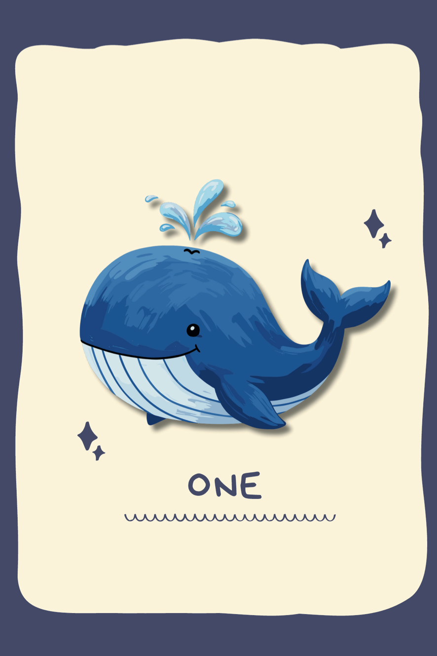 Illustration of a blue whale on a white background with the word 'ONE' below it.