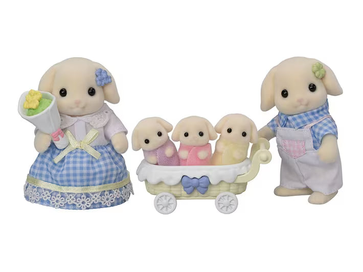 Photo of 5 floppy eared rabbit toys in blue gingham and flowers with triplets in a stroller 