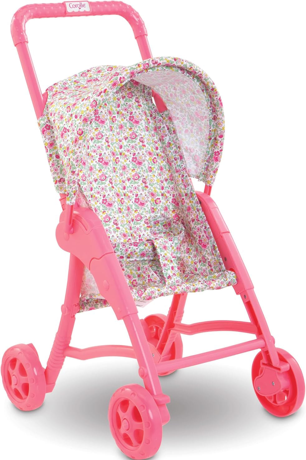 Pink doll stroller with floral canopy on a white background