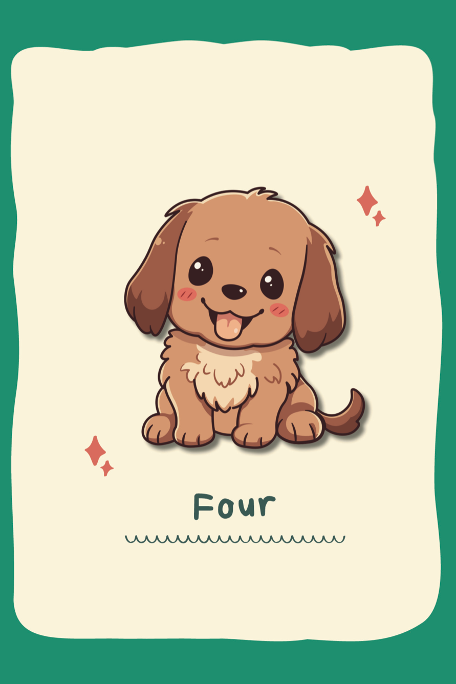 Cartoon dog on a card with the number 'Four' on a green background