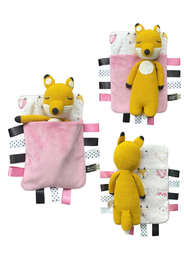 Three yellow fox plush toys with pink and black striped blankets on a white background