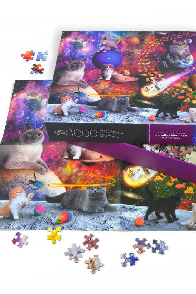 Jigsaw puzzle with cat-themed design on a white background
