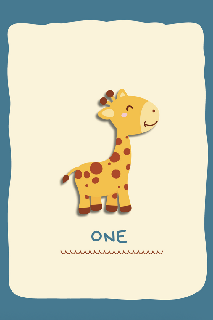 Cartoon giraffe on a white blanket with 'ONE' text against a blue background