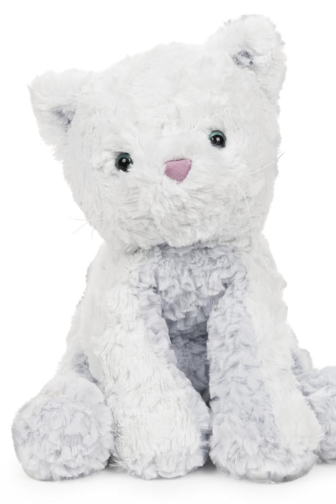 Photo of grey cat stuffed animal with pink nose. 