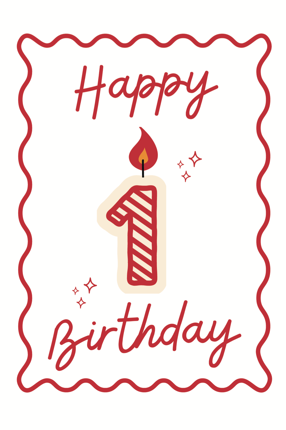 Red and white card with a lit number one candle happy Birthday