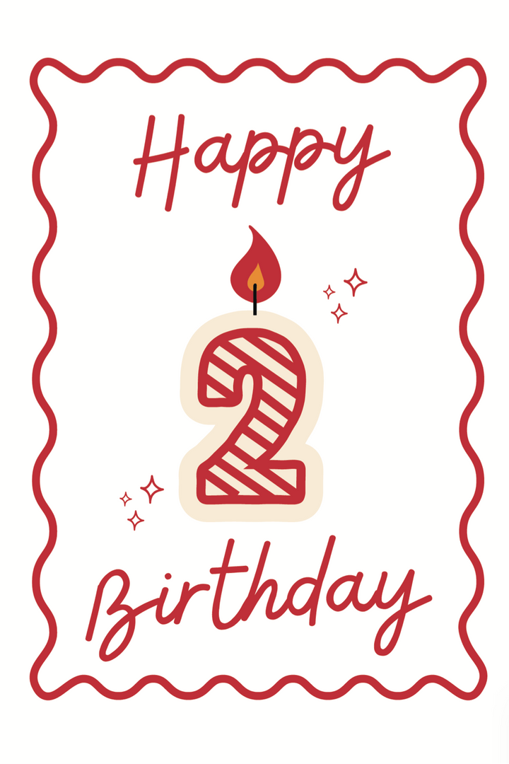 Red and white second happy birthday card with lit 2 candle