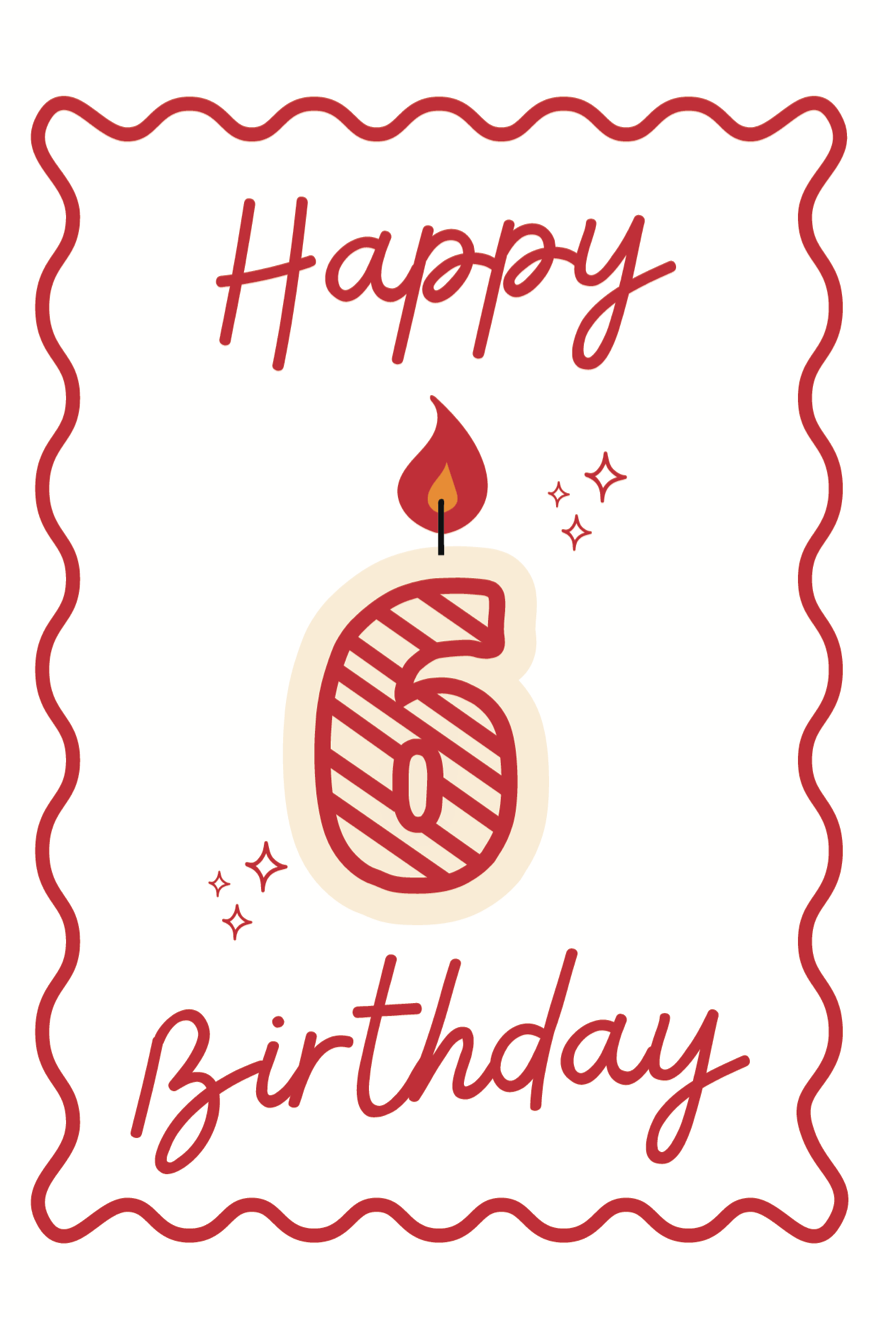 Happy Birthday card with a lit candle number 6 on a white background