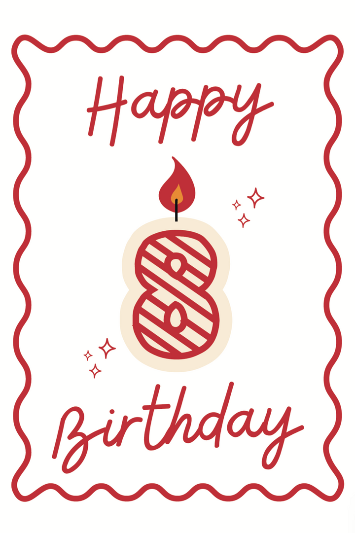 Happy 8th birthday card with a candle and number 8 on a white background