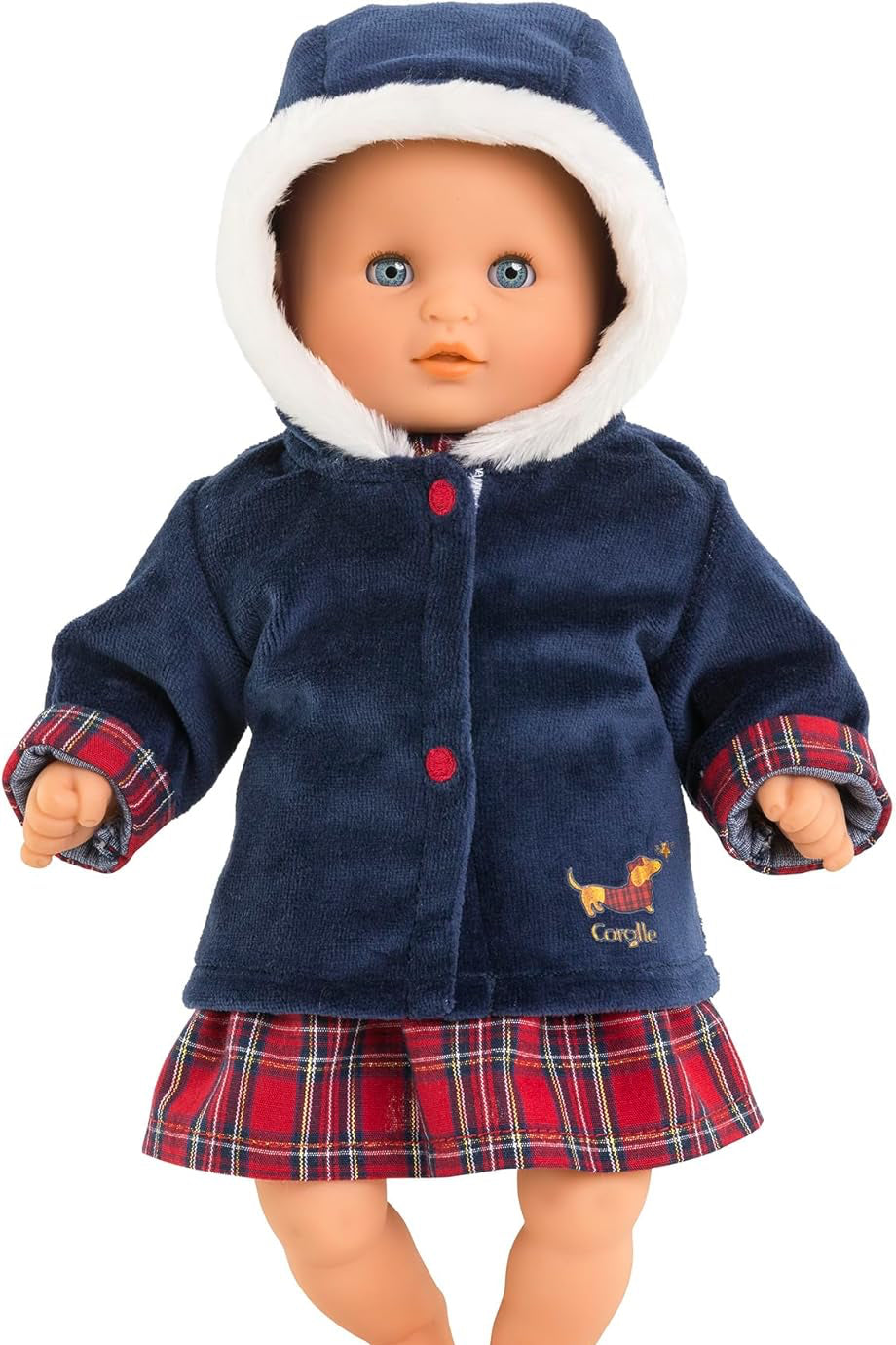 Doll wearing a navy blue jacket with plaid skirt on a white background