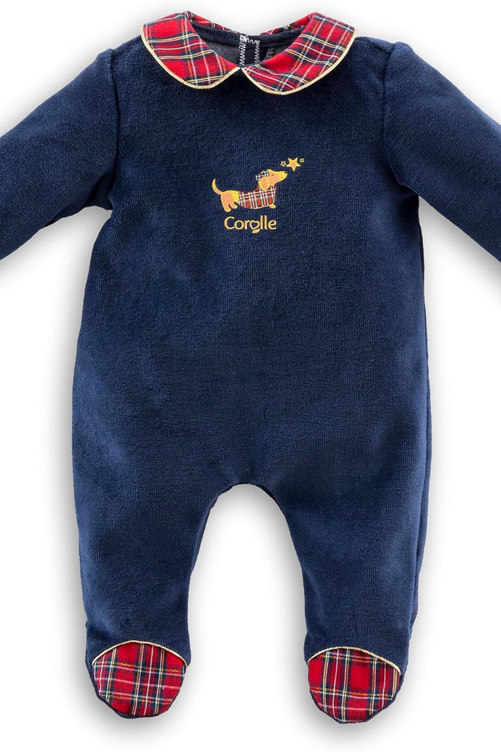 Navy blue baby onesie with plaid collar and cuffs on a white background