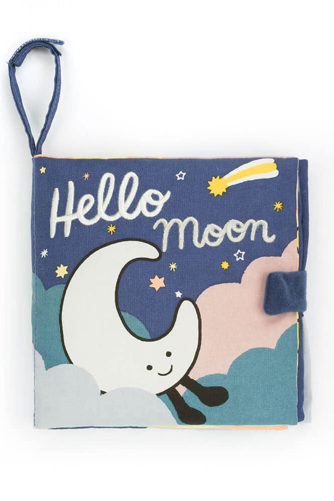 Children's soft book with a moon illustration and 'Hello moon' text on a blue background.