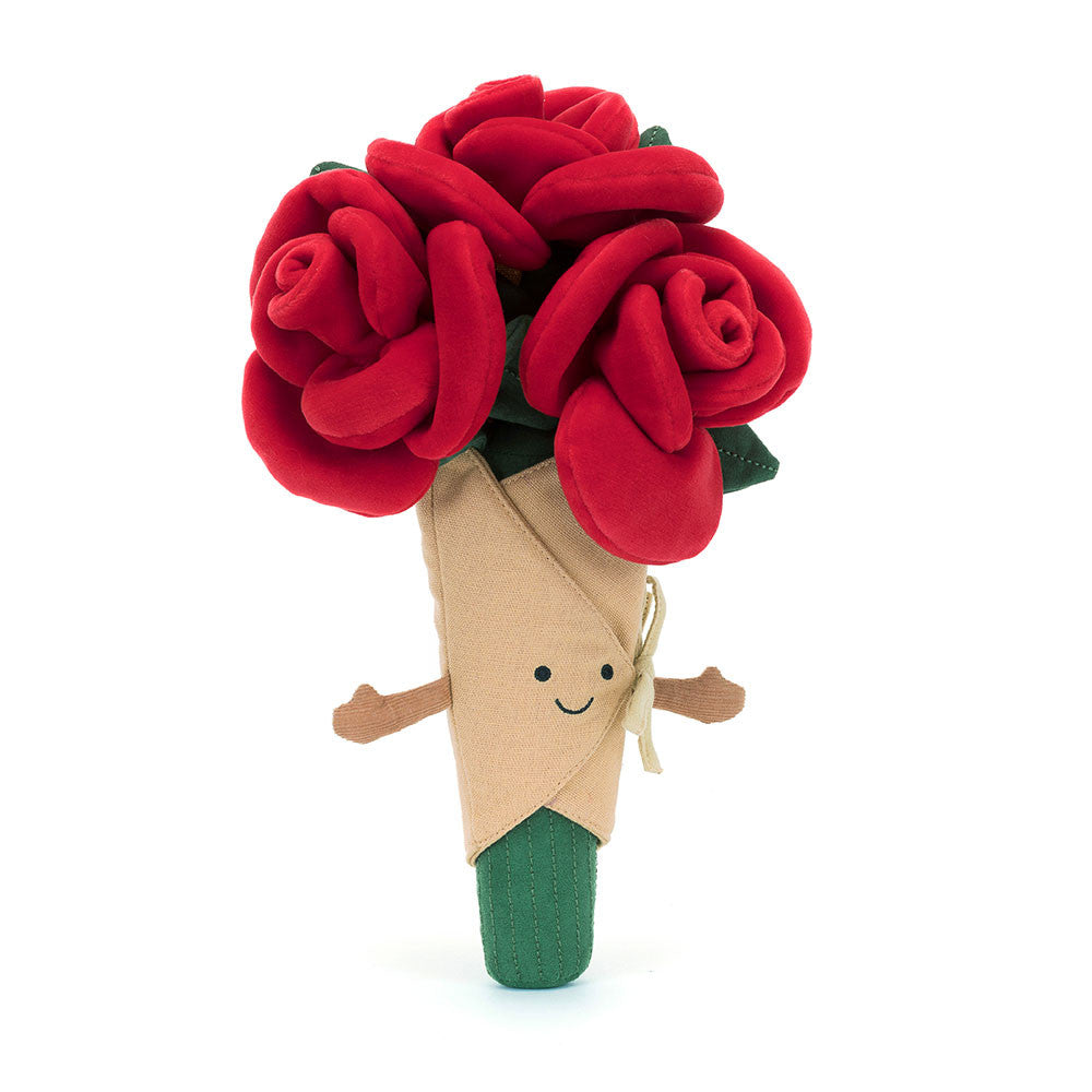 Toy resembling a bouquet of red roses in a paper cone with a smiling face on a white background
