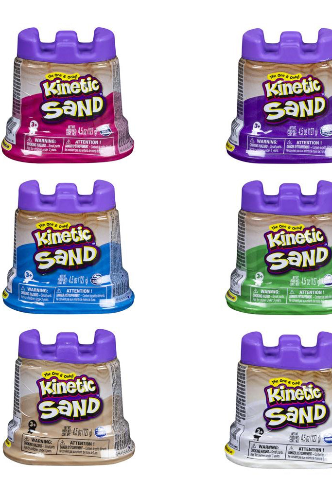 Five containers of Kinetic Sand with purple lids on a white background