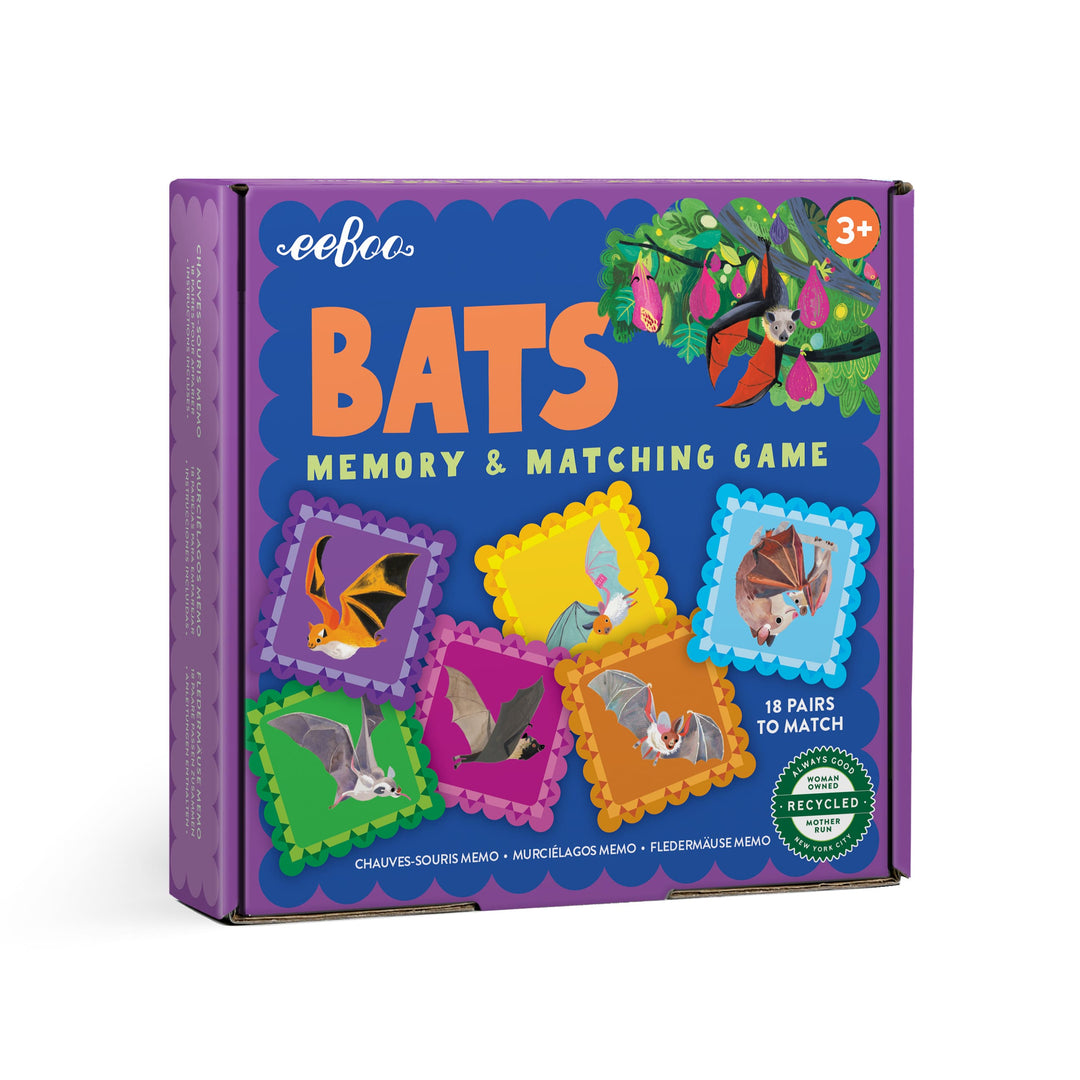 Bats memory and matching game box with colorful illustrations on a white background