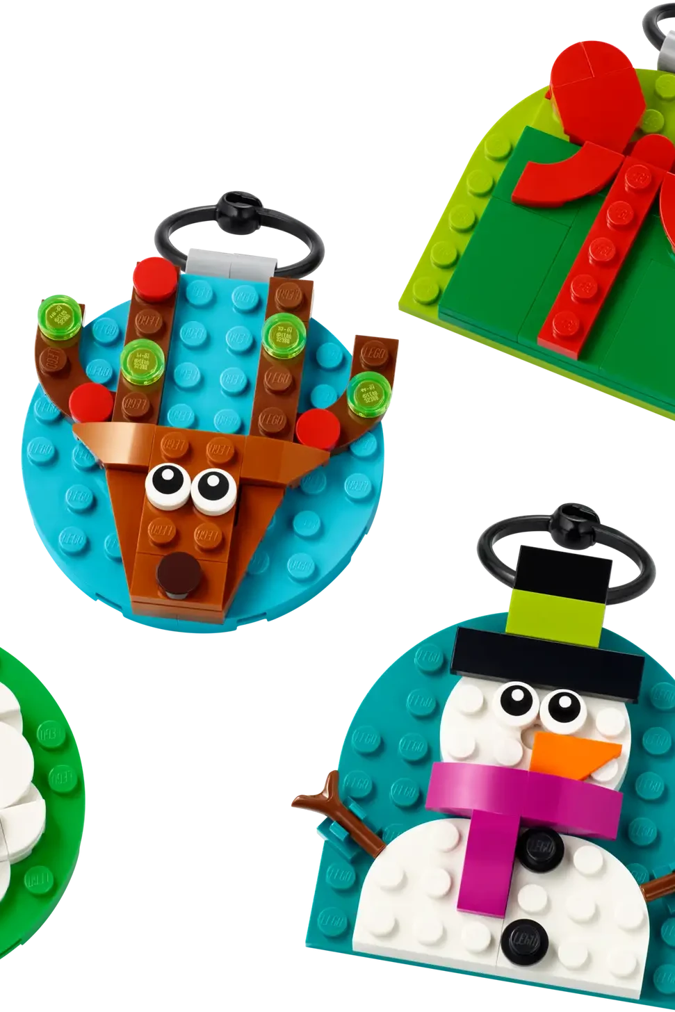 4 lego ornaments in bright colors with a Santa, snowman with a fuchsia scarf, reindeer with Christmas lights in its' antlers, and a green wrapped gift with a red bow. 
