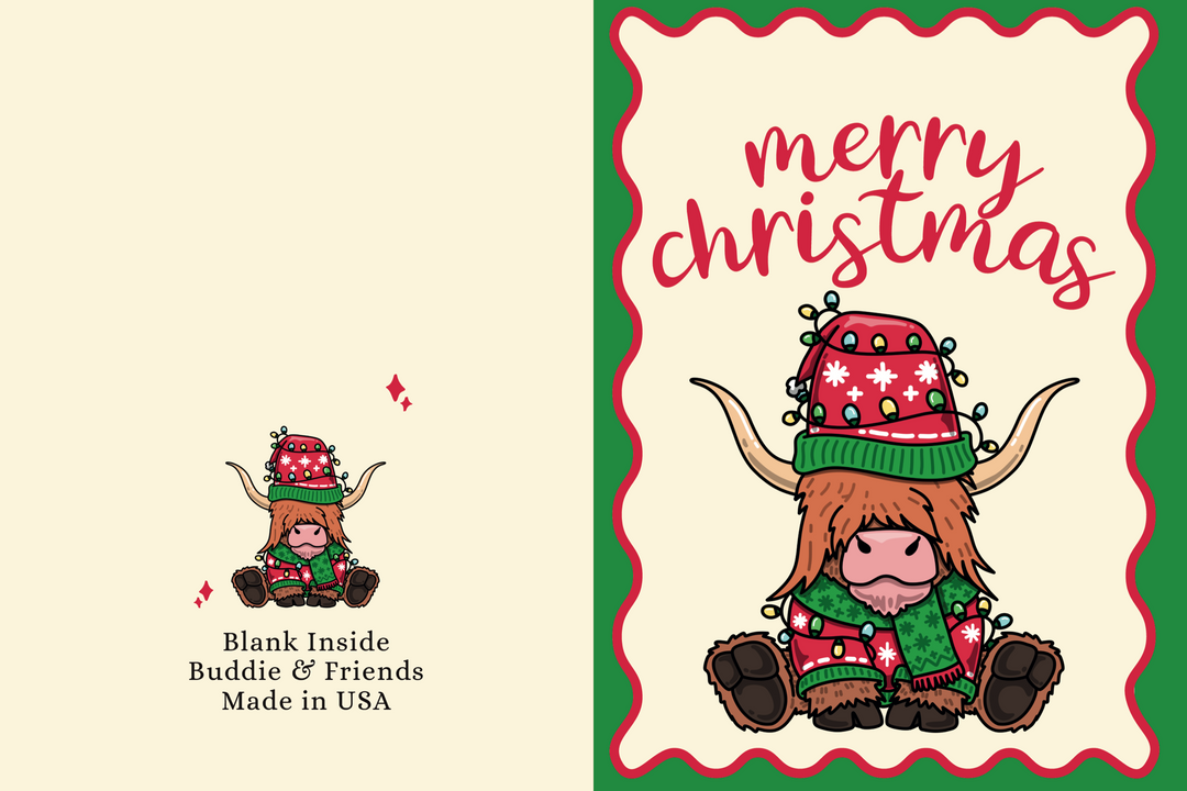 card with a longhorn bull in a an ugly Christmas sweater with a tangle of Christmas lights. Merry Christmas written in red with a squiggle line trim around the edge. 