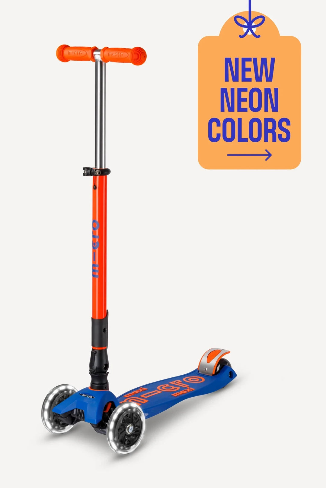 Children's scooter with orange and blue design on a white background, featuring a 'New Neon Colors' tag.