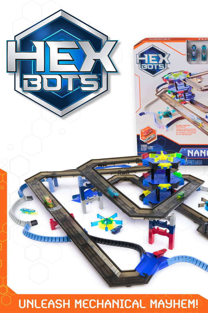 Hex Bots toy track set with packaging on a white background
