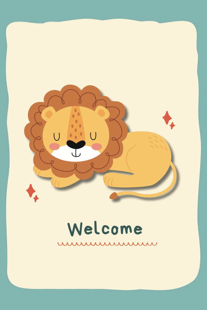 Cartoon lion with 'Welcome' text on a light blue background