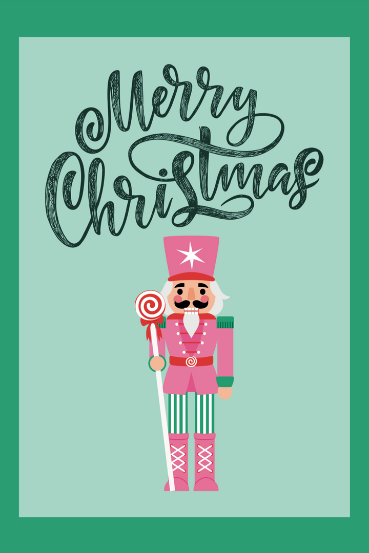 Green and Pink Greeting card with a pink nutcracker and red and black colors saying Merry Christmas